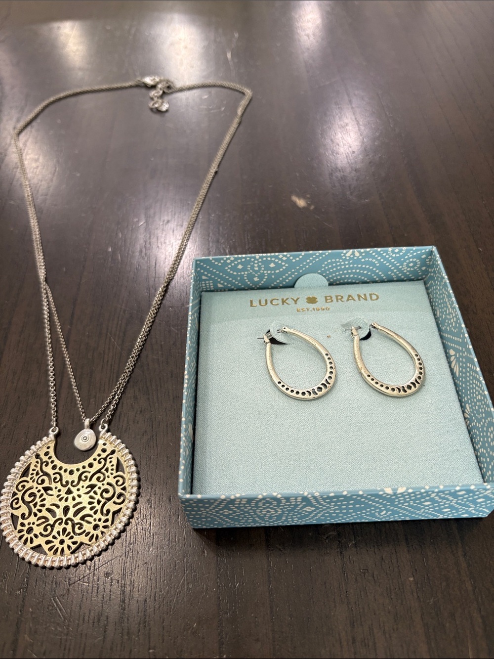Lucky Brand Silver-Tone Filigree Pendant Necklace with Matching Hoops